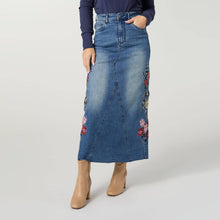 Load image into Gallery viewer, EverStretch Embroidered Maxi Skirt: Medium Denim / S
