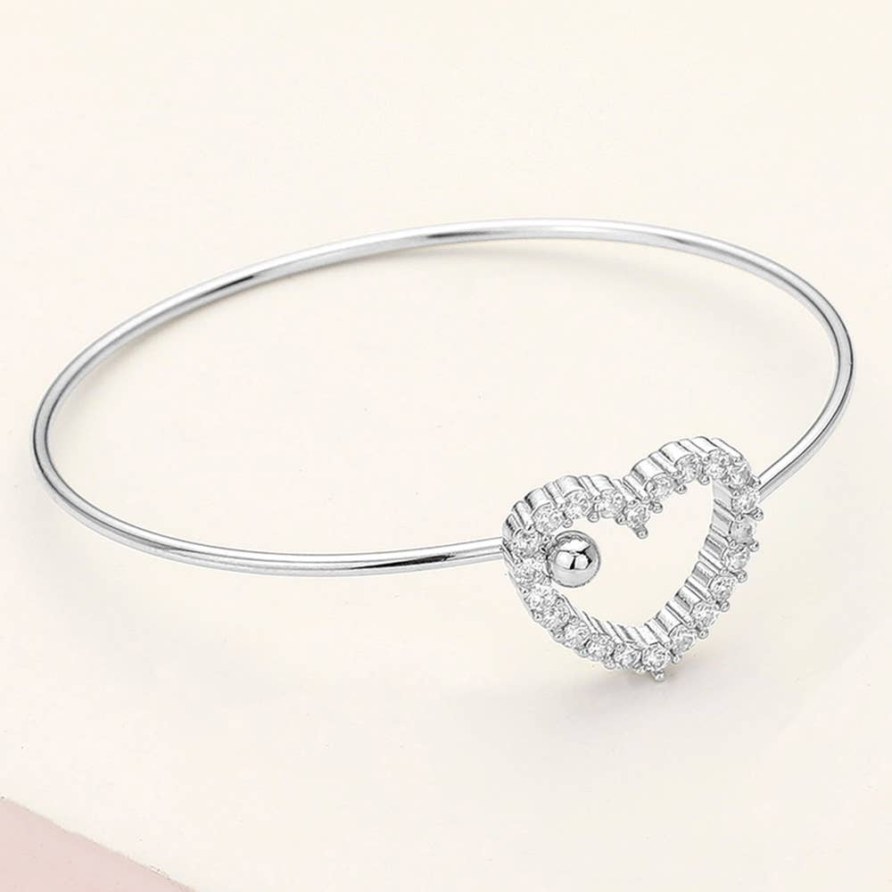 CZ Stone Paved Open Heart Accented Bangle Bracelet
: Silver