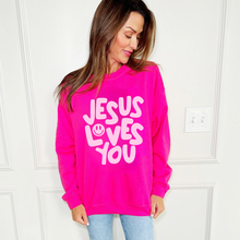 Load image into Gallery viewer, Smiley Jesus Loves You Puff Sweatshirt
