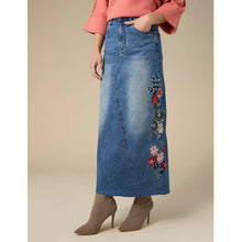 Load image into Gallery viewer, EverStretch Embroidered Maxi Skirt: Medium Denim / S
