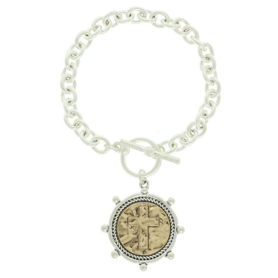 Gold Plated Cross Medallion Link Chain Bracelet : Silver