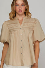 Load image into Gallery viewer, 1/2 SLEEVE STAND NECK PINTUCK DETAIL WOVEN TOP
