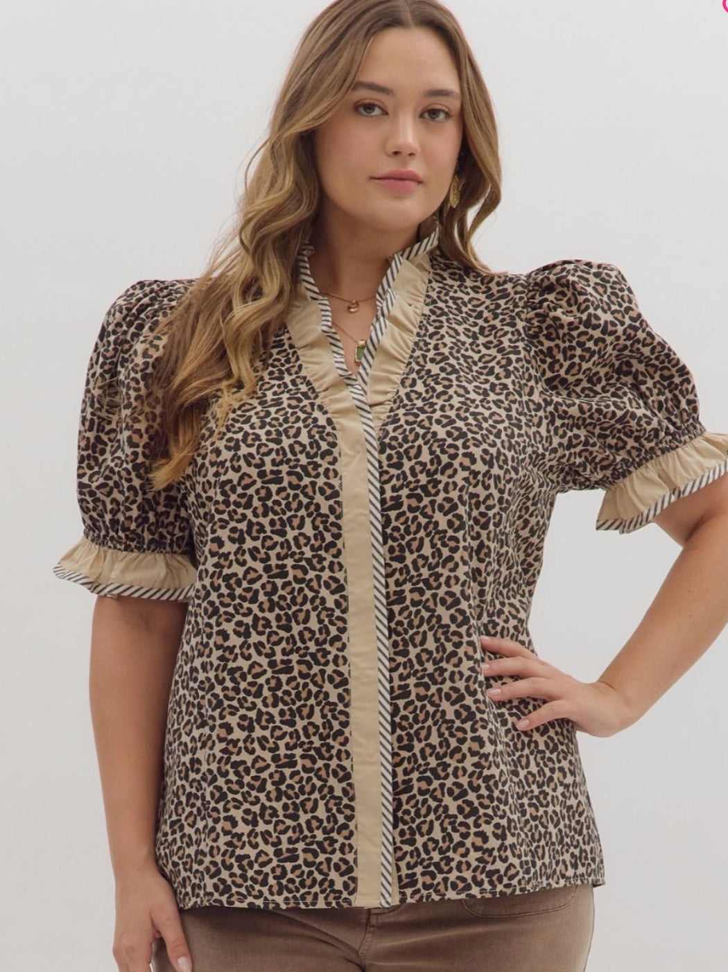 /Leopard print puff sleeve top