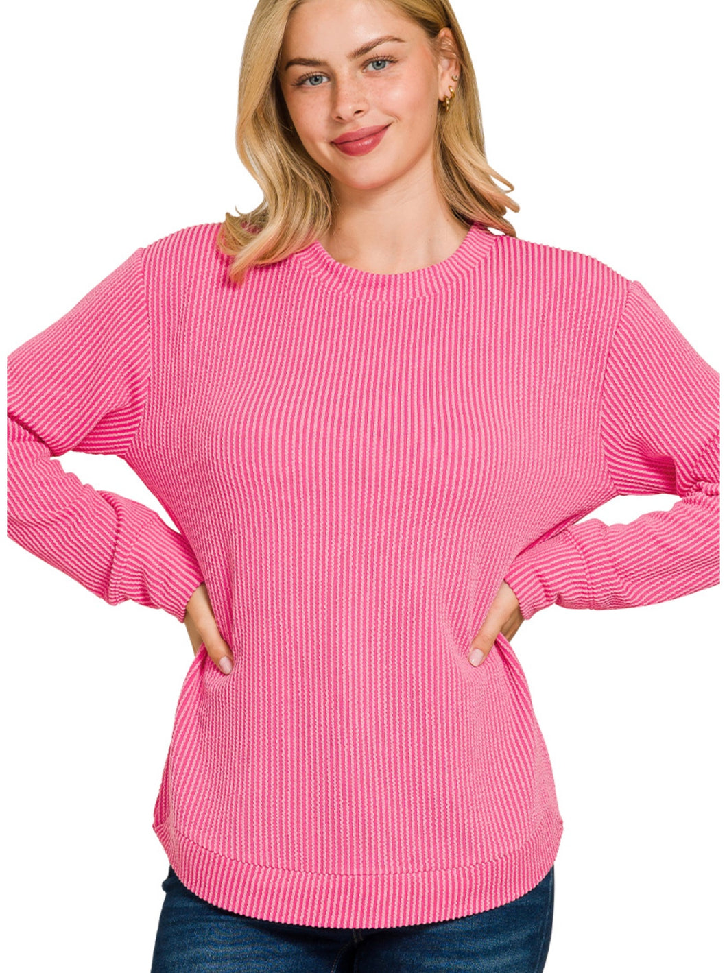 RAISED RIB ROUND NECK LONG SLEEVE TOP