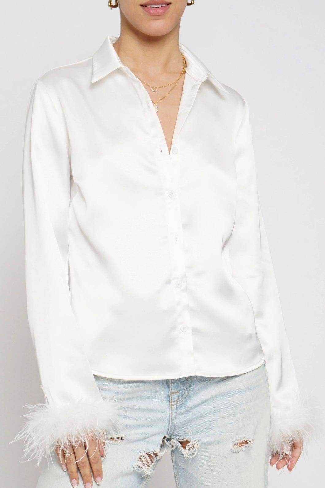 Feather Trim Button Down Shirt