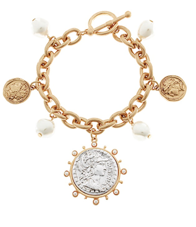 Twotone Chunky Coin & Pearl Chain Bracelet