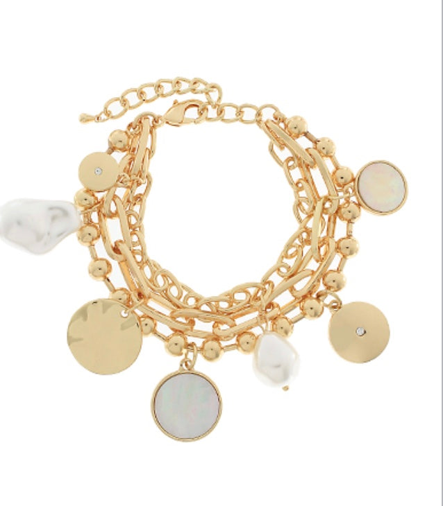 3 Row MOP Disk & Muti Charm Bracelet