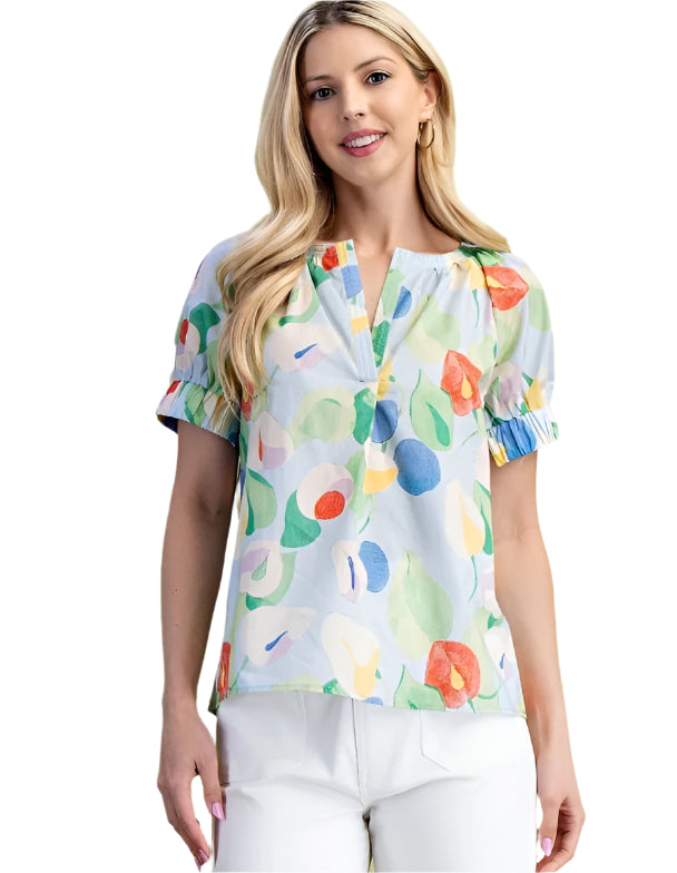 Floral Split Neck Top with Elastic Banded Sleeves