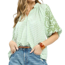 Load image into Gallery viewer, Gingham Embroidered Balloon Sleeve Top
