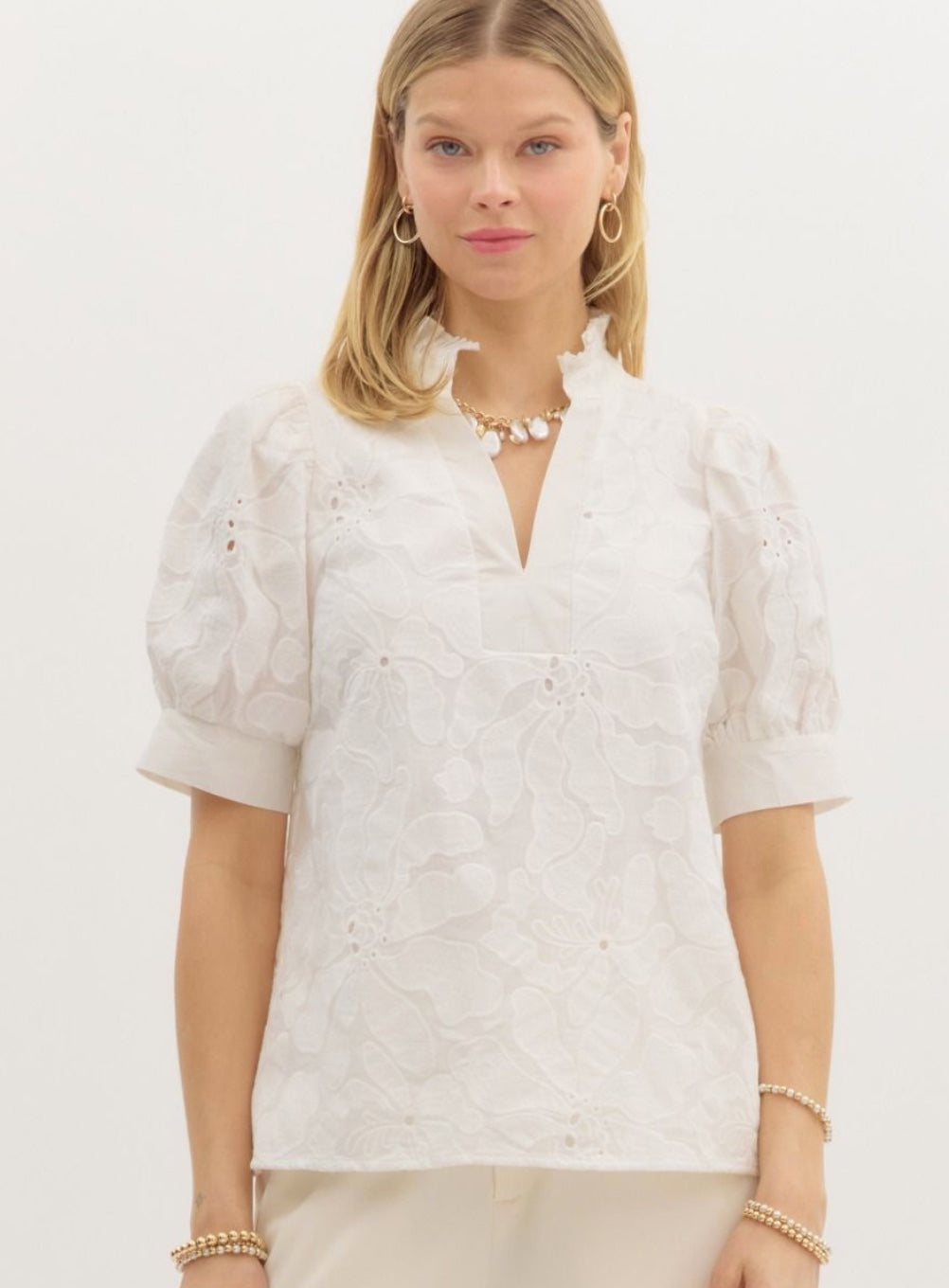 Floral embroidered short puff sleeve pullover top