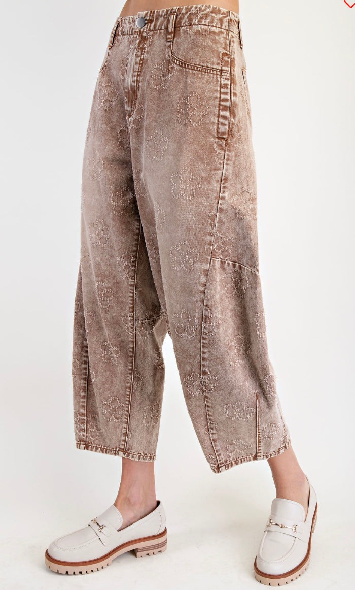 /FLORAL PATTERNED WASHED TWILL BARREL PANTS