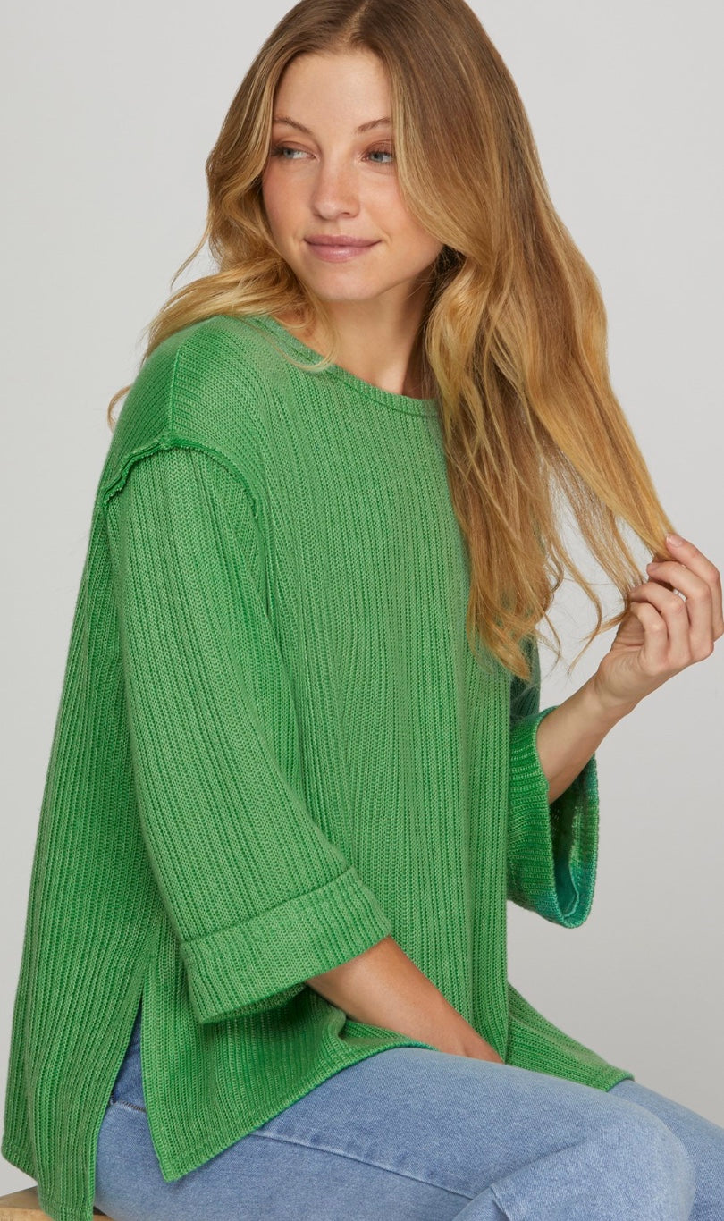 3/4 FOLDED SLEEVE KNIT TOP