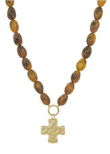 Load image into Gallery viewer, RESIN OVAL BEADED WITH HAMMERED GOLD CROSS NECKLACE
