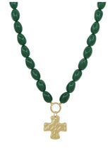 Load image into Gallery viewer, RESIN OVAL BEADED WITH HAMMERED GOLD CROSS NECKLACE
