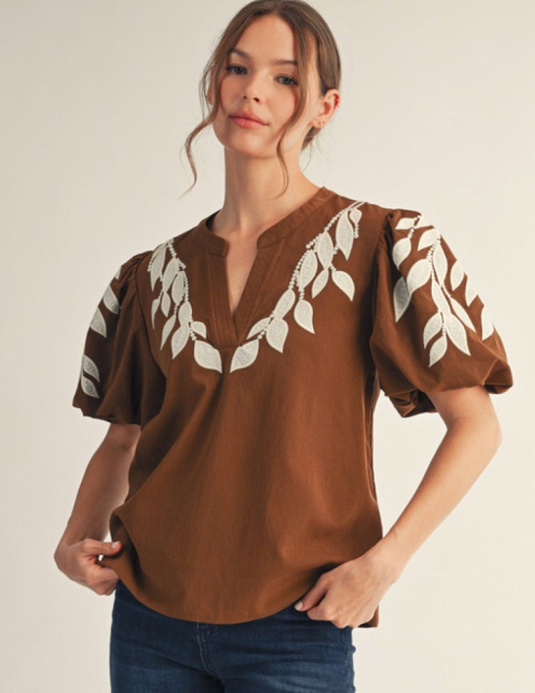 / Embroidered Leaf Top