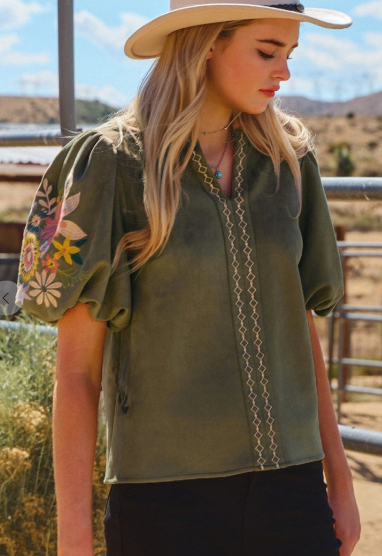 Faux Suede Puff Sleeve Top