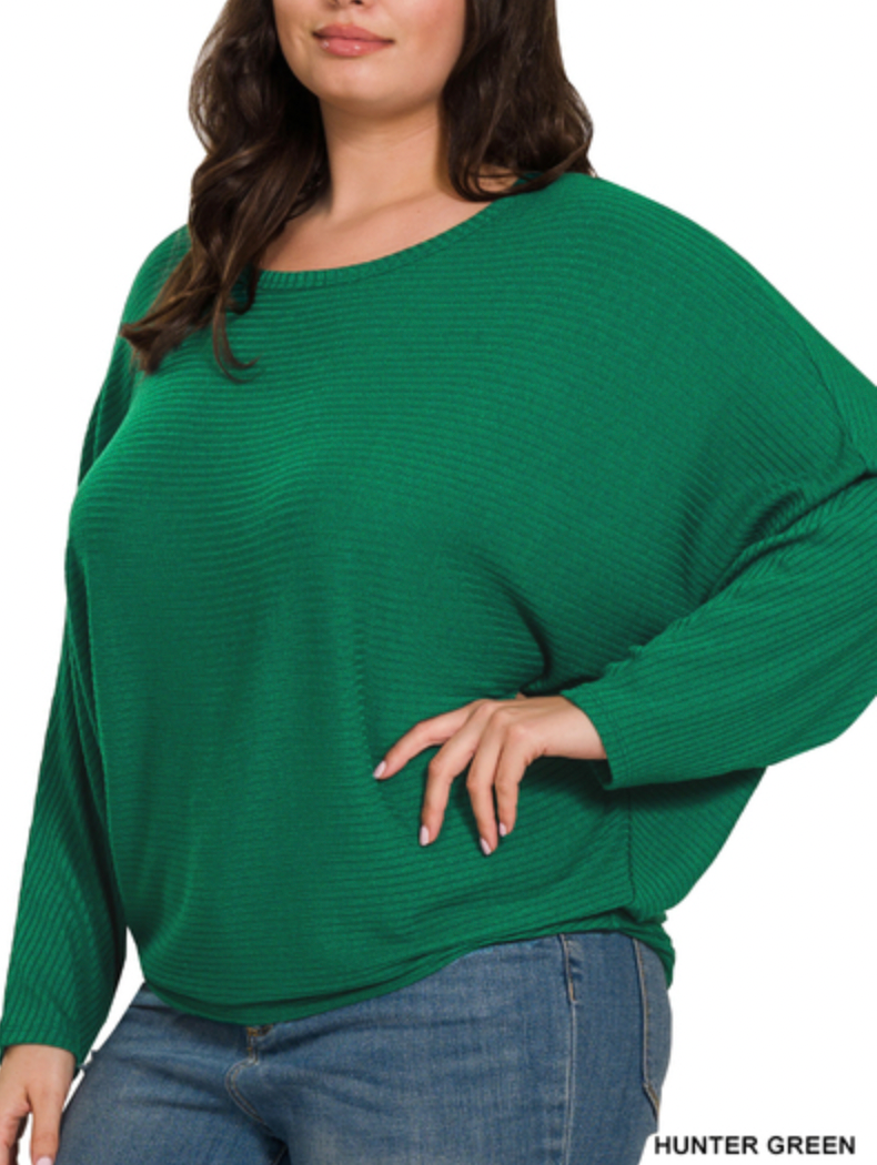 RIBBED BATWING LONG SLEEVE BOAT NECK SWEATER