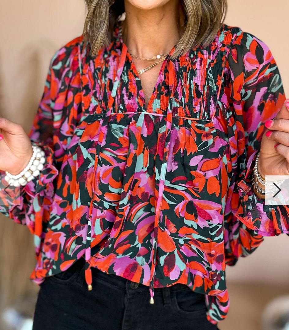 Abstract Floral Shirred Detail Puff Sleeve Blouse