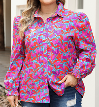 Load image into Gallery viewer, Multicolour Plus Size Floral Print Ruffled Puff Sleeve Shirt
