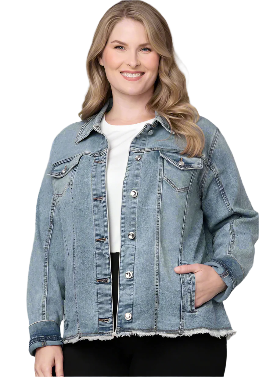 Frayed Denim Jacket w/ Novelty Buttons - Curvy