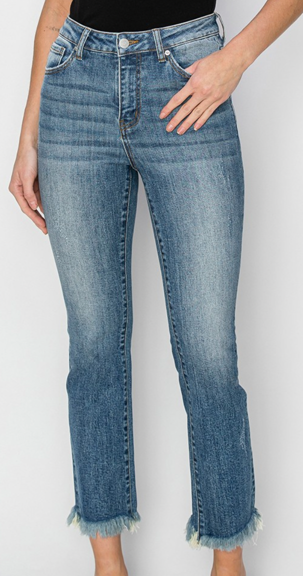 RISEN-MID RISE FRAY HEM STRAIGHT LEG JEANS