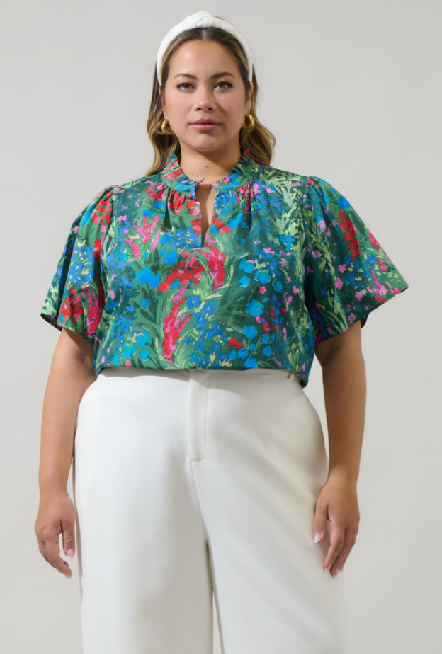 Devin Floral Reva Split Neck Top Curve