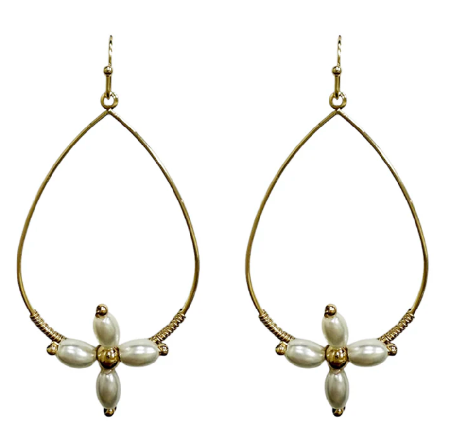 Gold Textured Open Teardrop with Pearl Cross 2