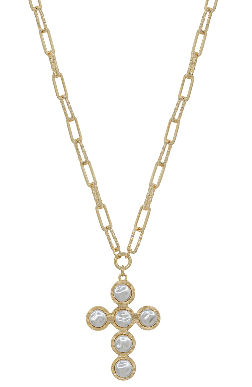 Gold Textured Chain with Pearl Flat Beaded Cross 16
