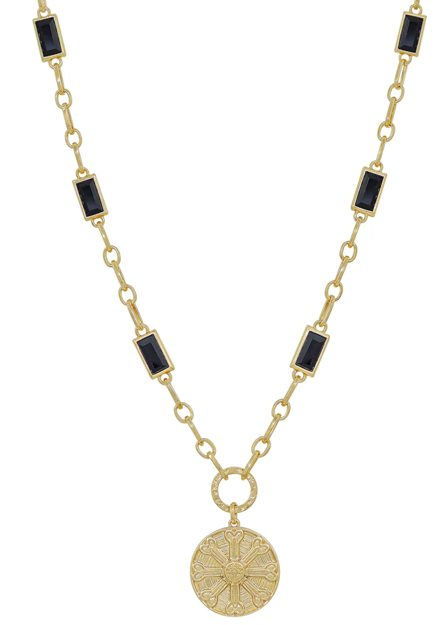 Gold with Black Rectangle Crystal Chain and Gold Hammered Coin 16
