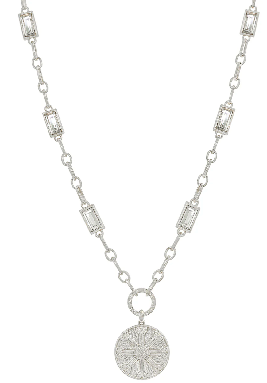 Silver with Clear Rectangle Crystal Chain and Silver Hammered Coin 16