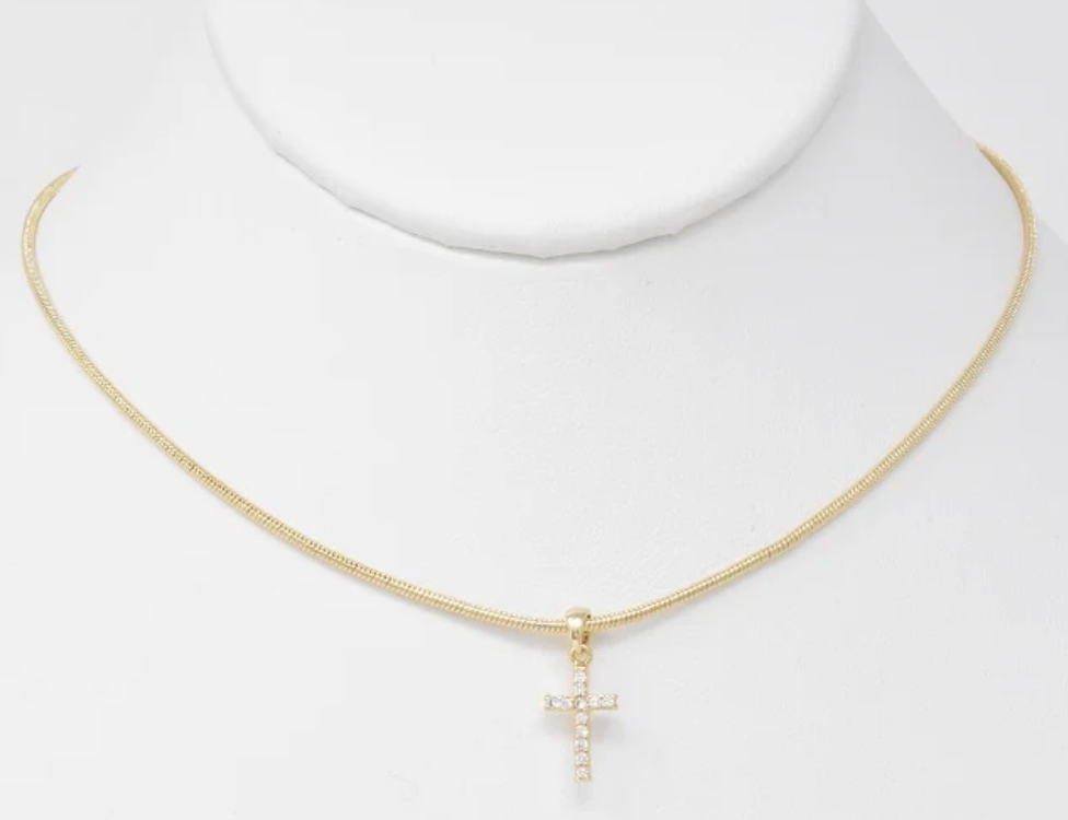 / Gold Snake Chain with Rhinestone Cross 16