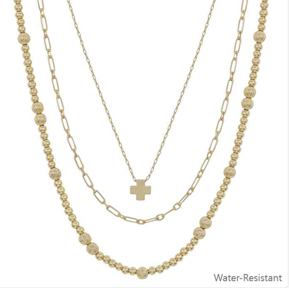 Water Resistant 4mm Gold Beaded Triple Layered Cross 16