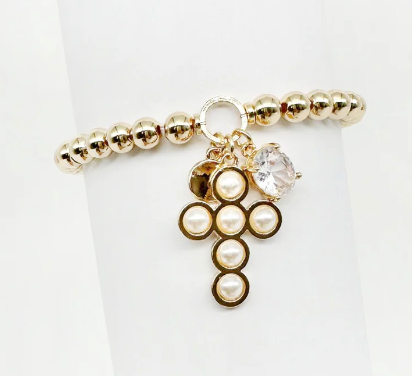 Gold Beaded Stretch Bracelet with Pearl Dotted Cross and Crystal Charms