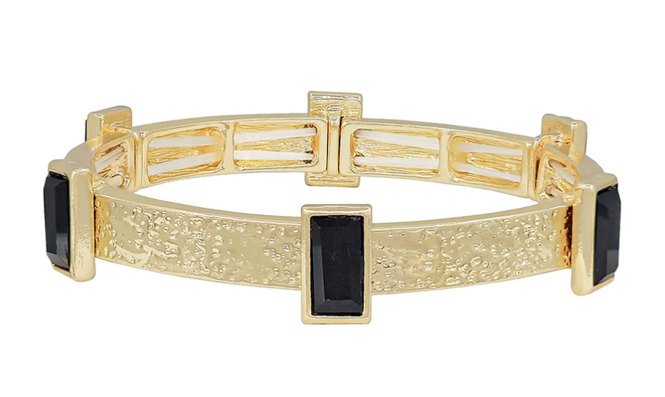 / Textured Gold with Black Rectangle Crystals Stretch Bracelet