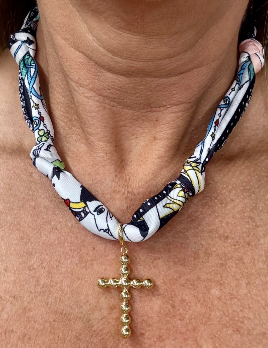Navy and White Knotted Scarf with Bubble Cross Removable Charm