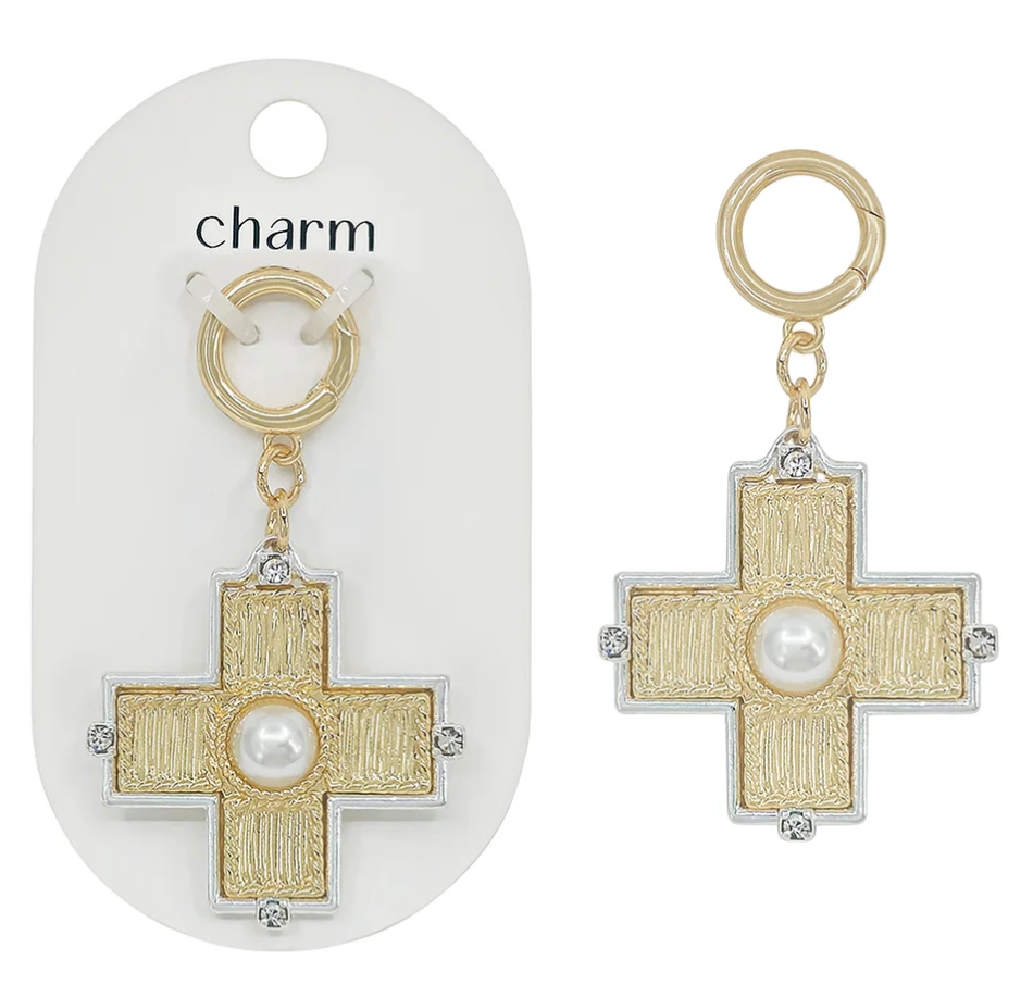 Gold and Silver Textured Cross with Pearl Scarf Necklace Charm