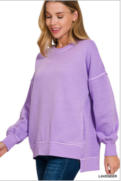 PIGMENT DYE FLEECE HI-LOW HEM PULLOVER WITH POCKET