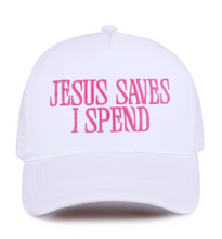Load image into Gallery viewer, Jesus saves i spend mesh trucker cap
