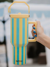 Load image into Gallery viewer, Yellow and Aqua Striped 38 oz Cabana Jug Tumbler
