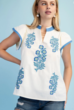 Load image into Gallery viewer, Blue Willow Embroidered Flutter Top
