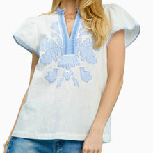 Load image into Gallery viewer, Blue Skies Appliqué Flutter Top
