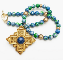 Load image into Gallery viewer, 18" Blue and Green Rainflower Jasper with Ellie Cross
