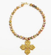 Load image into Gallery viewer, 18" Blue and Green Rainflower Jasper with Ellie Cross
