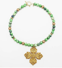 Load image into Gallery viewer, 18" Blue and Green Rainflower Jasper with Ellie Cross

