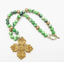 Load image into Gallery viewer, 18" Blue and Green Rainflower Jasper with Ellie Cross
