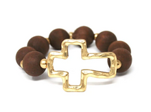 Load image into Gallery viewer, Wood Ball &amp; Metal Cross Bracelet

