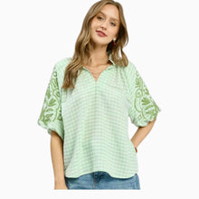 Load image into Gallery viewer, Gingham Embroidered Balloon Sleeve Top
