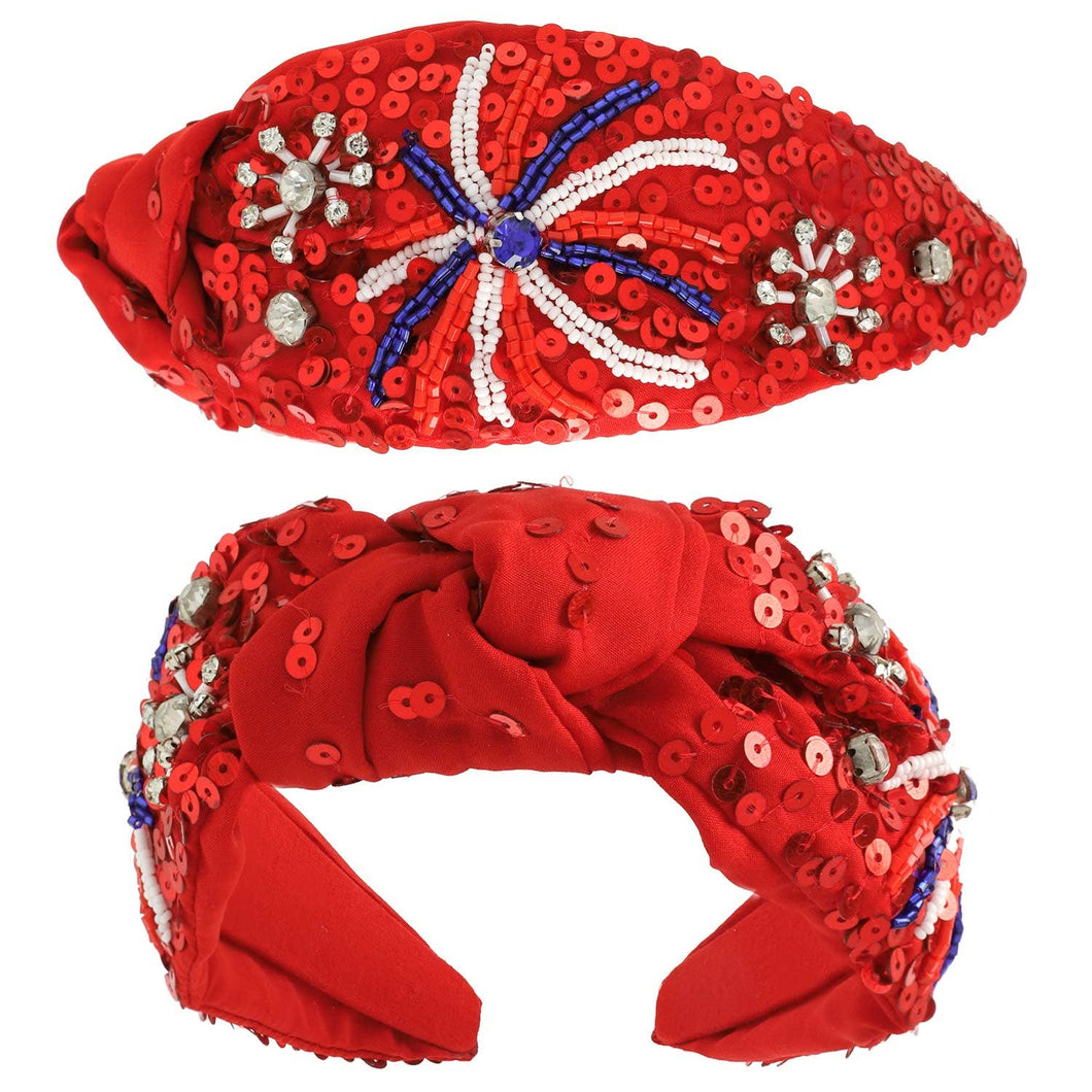 Patriotic Fireworks Sequin Top Knotted Headband: Red