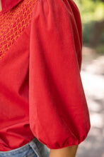 Load image into Gallery viewer, 36929 Collared V-Neck Smocked Yoke Top: Red / M
