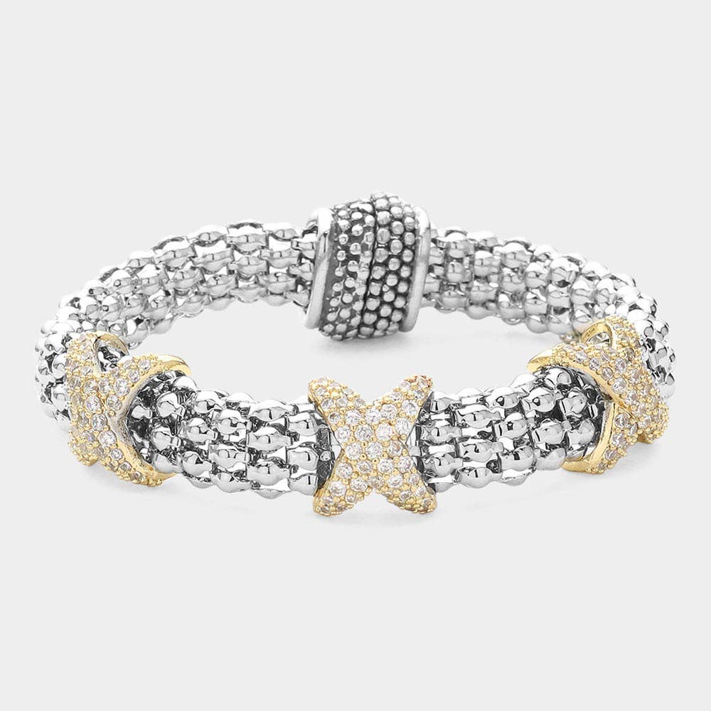 14K Gold Plated Two Tone CZ Stone Paved Crisscross Bracelet